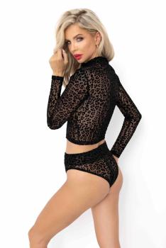 F289 Leopardenflock-Top mit langen Ärmeln