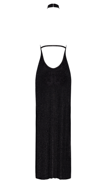 F372 Onyx langes Kleid mit doppeltem Schlitz